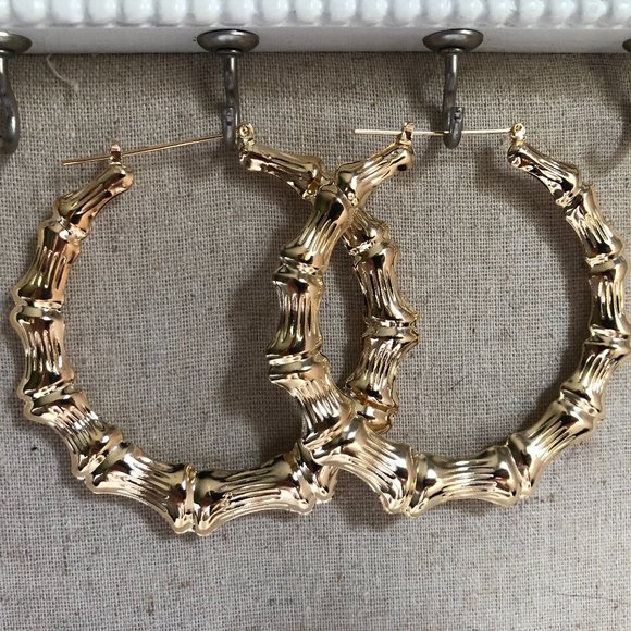 RETRO 1990s 8K Gold Bamboo 2" Round B Girl Hoops hoop Earrings Vintage Chic - Picture 2 of 5